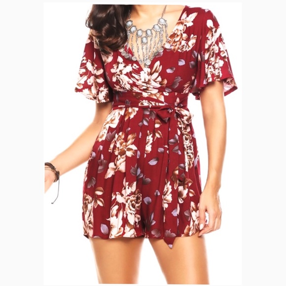 Pants - Red Floral Romper